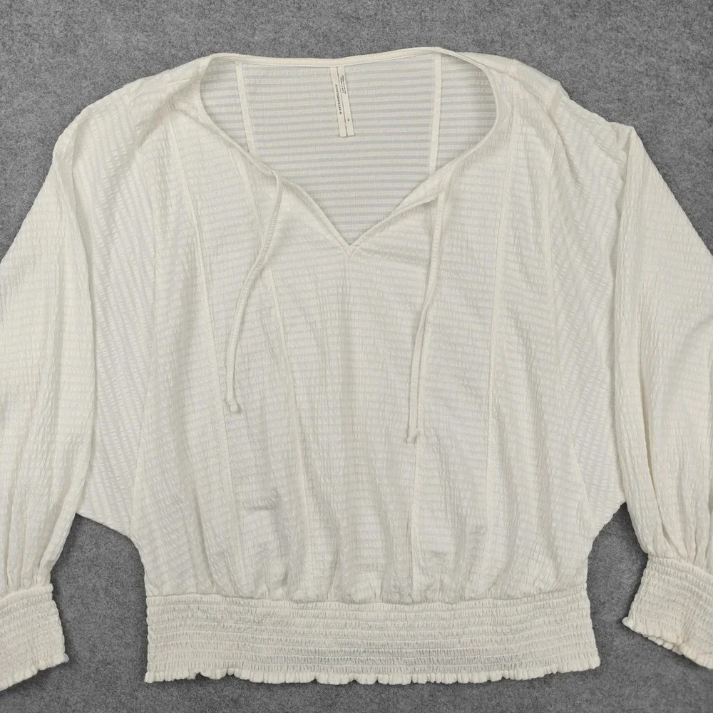 Anthropologie Blouse Womens XL White‎ Textured Stripe Dolman Sleeve Smocked Hem